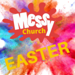Splatter paint in all colours with Messy Church logo