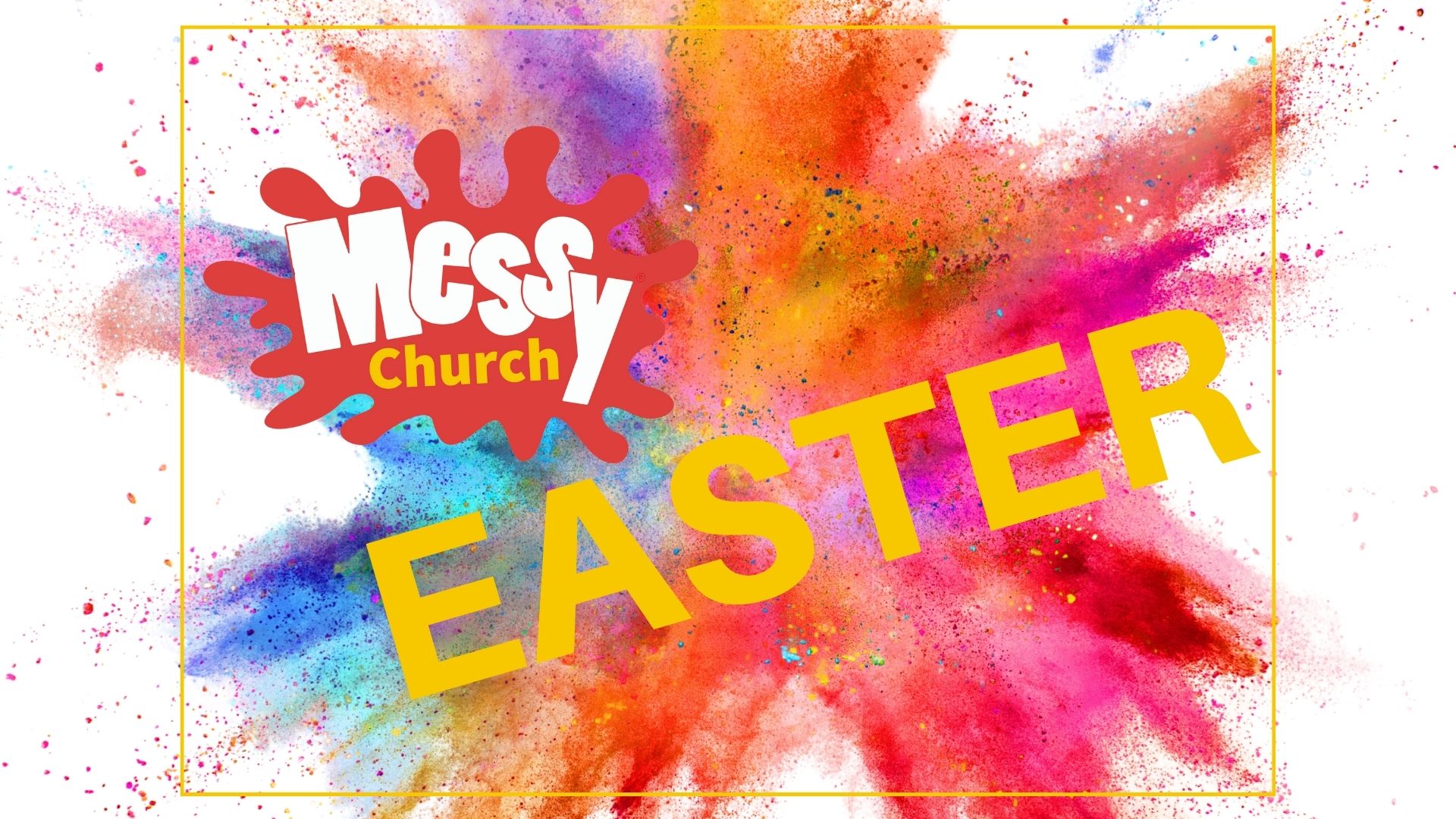 Splatter paint in all colours with Messy Church logo