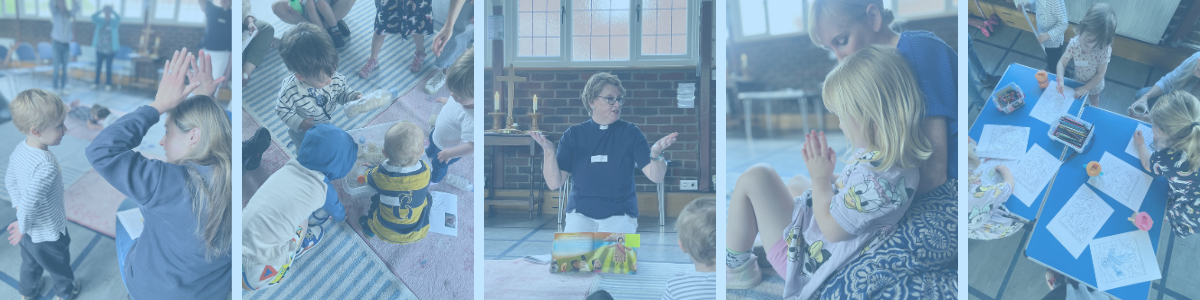 A collage of 5 images taken at Toddlers Praise with children and Rev Caroline.