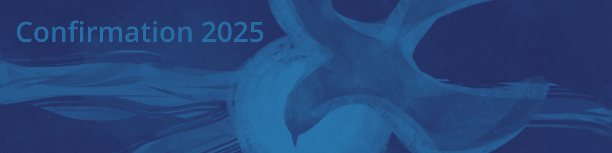 DIFFERENT SHADES OF BLUE WITH A DOVE ALSO IN BLUE AND THE WORDS CONFIRMATION 2025
