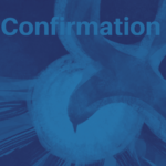 DIFFERENT SHADES OF BLUE WITH A DOVE ALSO IN BLUE AND THE WORDS CONFIRMATION