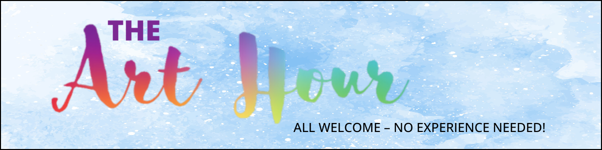 PALE BLUE WATERCOLOUR BACKGROUND WITH MULTICOLOURED LETTERING READING THE ART HOUR