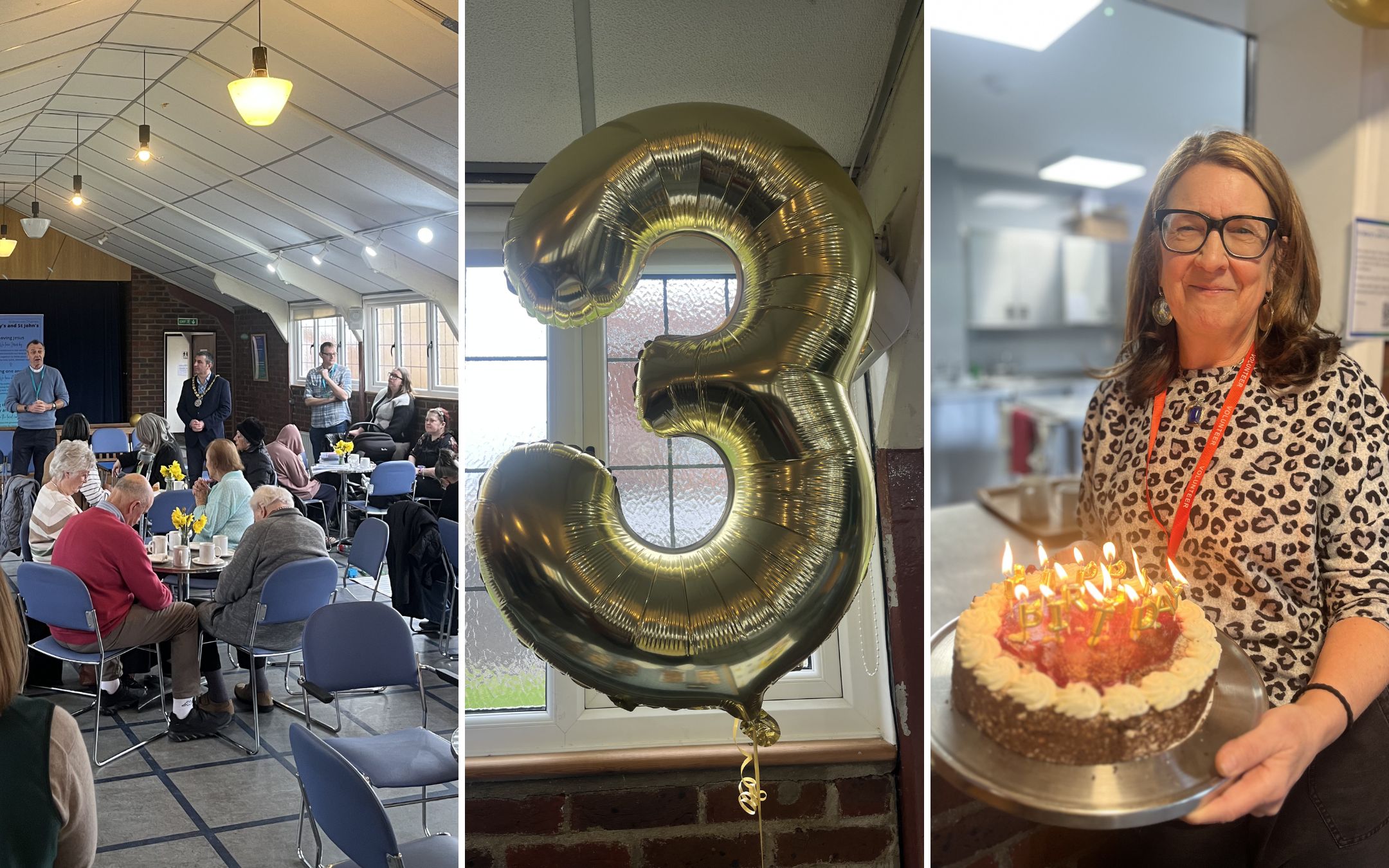 3 photos a number 3 balloon, a birthday cake with lit candles and the community cafe full of people