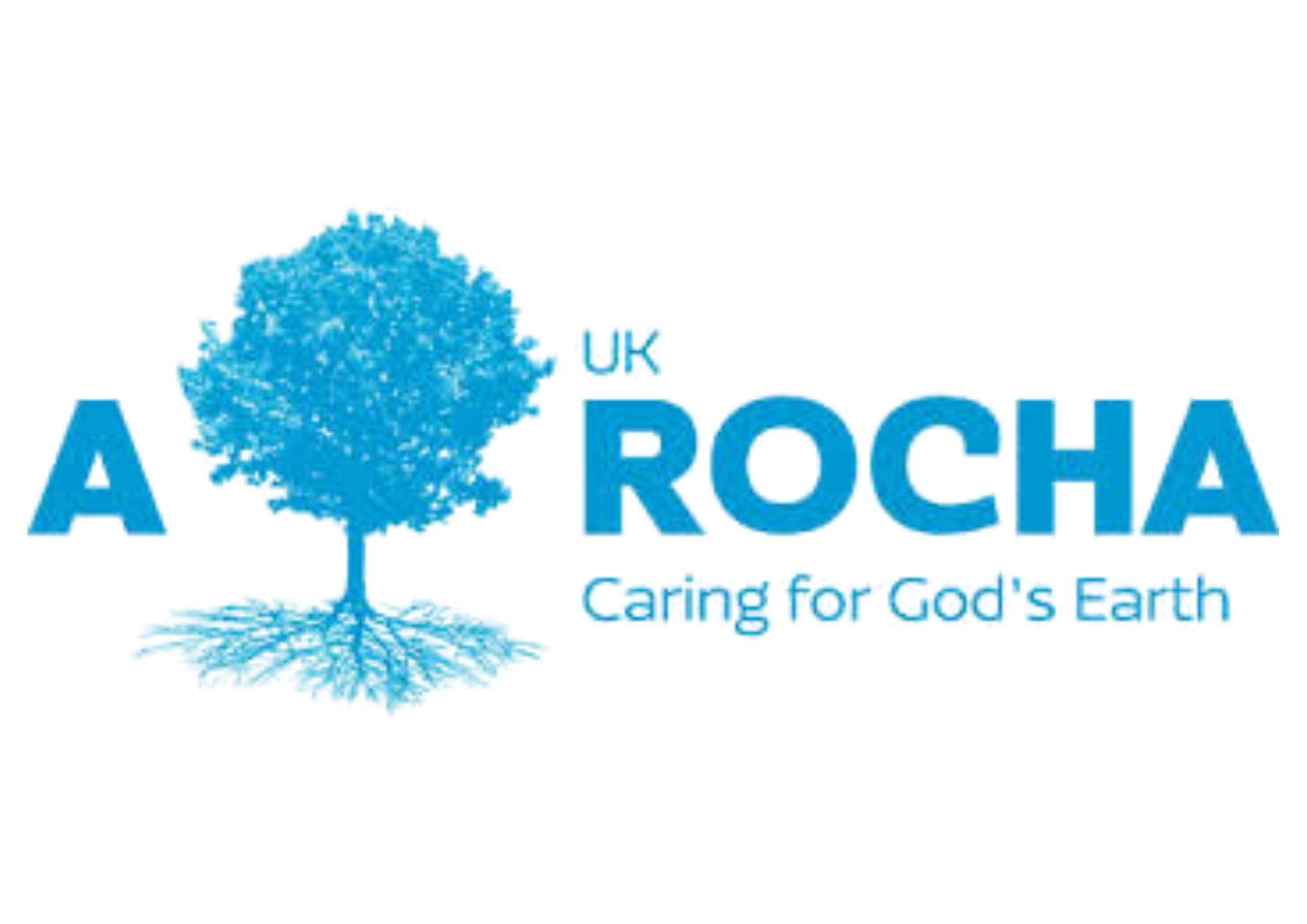 ARocha UK logo with the words Caring for Gods Earth and a picture of a tree with deep roots all in blue.