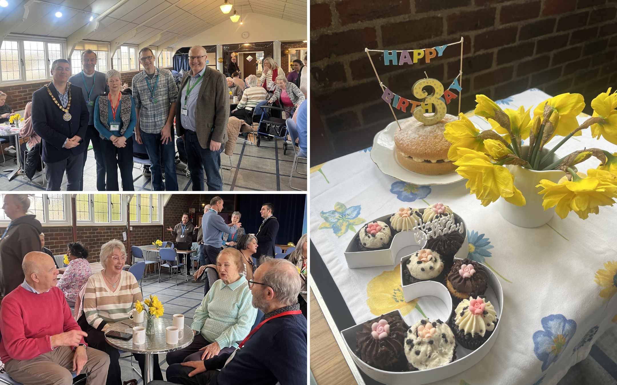 3 photos a number 3 balloon, a birthday cake with lit candles and the community cafe full of people