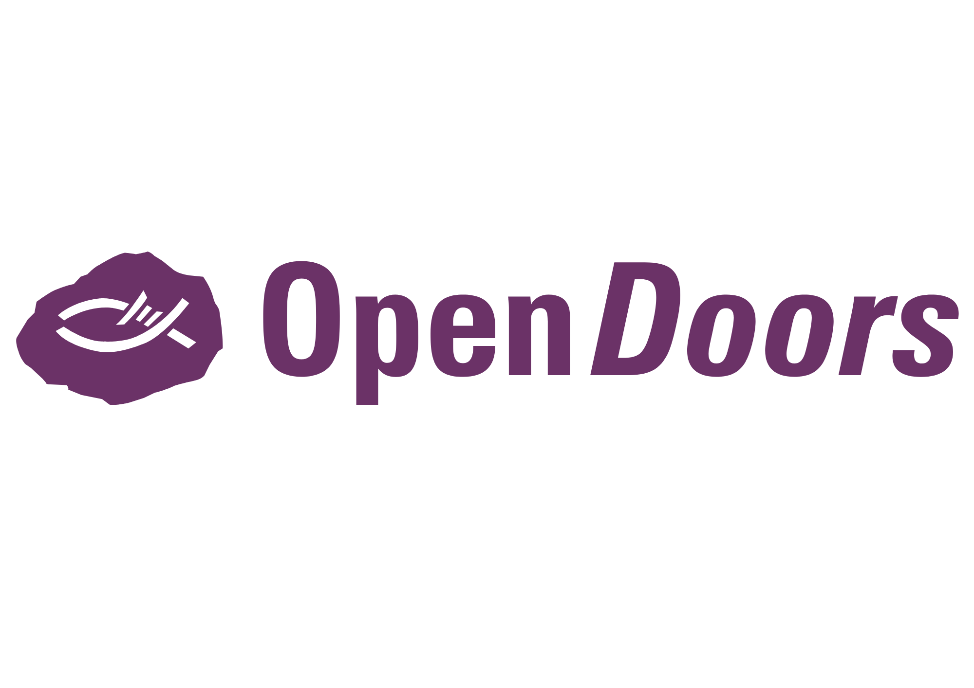 Open doors logo - purple words reading Open Doors with a small white fish on a purple background