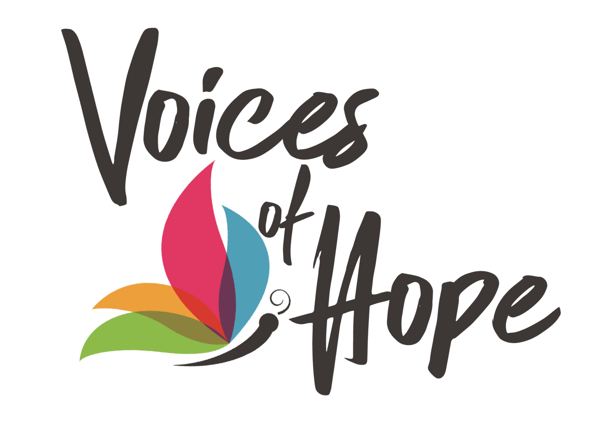 Voices of Hope logo the name with a colourful butterfly in green yellow pink and blue.