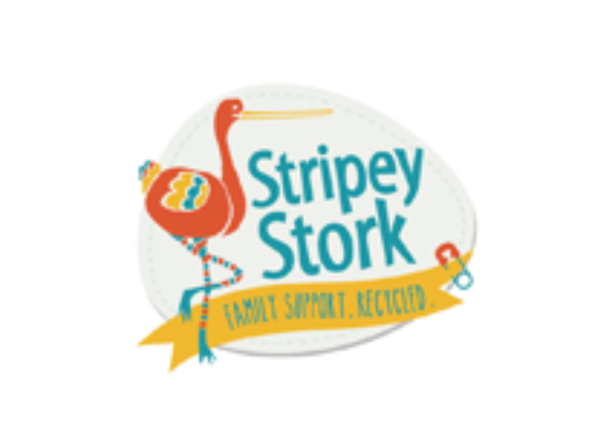stripey Stork logo with words and an orange stork with yellow and teal detail.