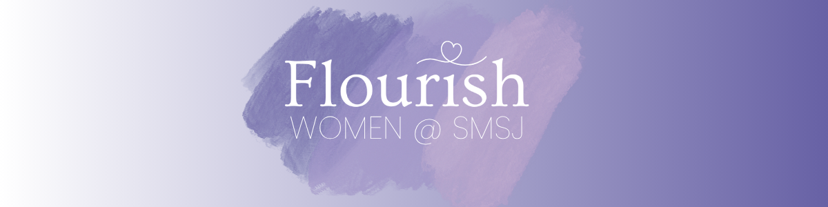 purple watercolour background with the word Foursih with a small heart over the i and the words women at SMSJ underneath